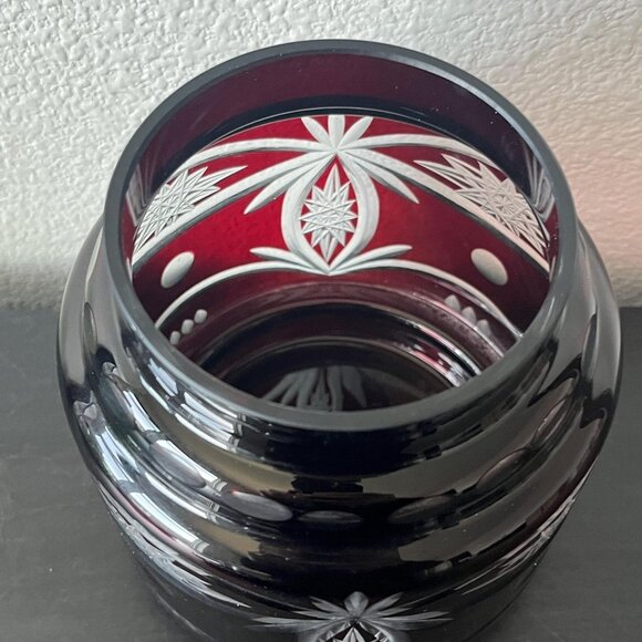 Ruby Red Cut to Clear Crystal Biscuit Jar // 8" Tall Bohemian Glass Canister - Picture 2 of 6